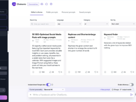 Writesonic interface showing AI content prompts for SEO, rephrasing, and keyword research.